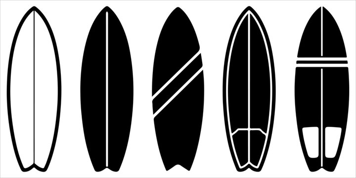 Minimal surfboard silhouette collection with black and white vector style layouts showing top, bottom and fin placement variations