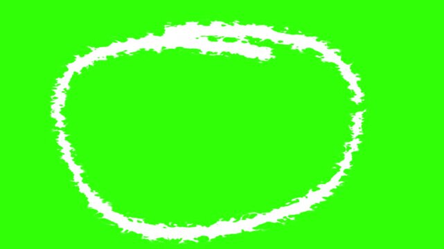 white, freehand sketched round circular loop as a highlight drawn circle ring or represent the letter O or number zero.  4K isolated object animated on a green screen chroma key background