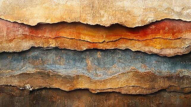 Weathered layered rock strata with warm rust, orange and blue-gray horizontal bands and rugged textured surface evoking ancient calm and timeless erosion