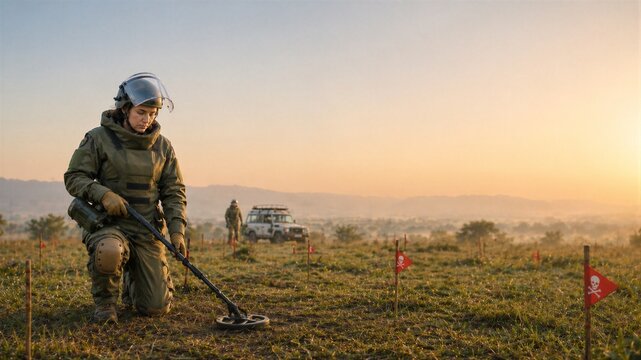 Woman sapper in protective suit using metal detector on field. Military engineer clearing landmine during humanitarian demining