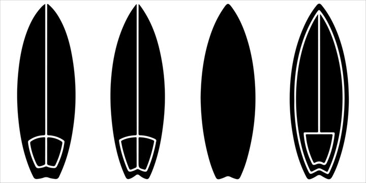 Minimal surfboard silhouette collection with black and white vector style layouts showing top, bottom and fin placement variations