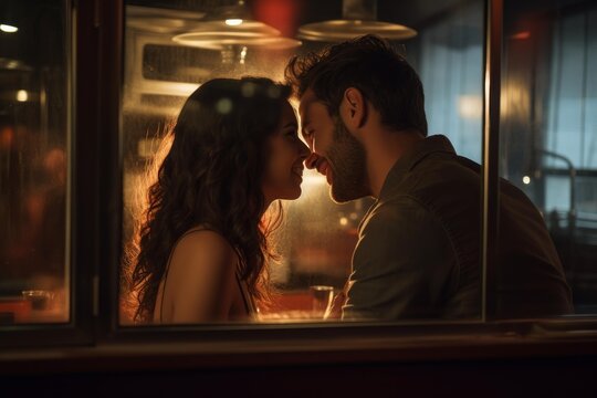 Young couple sharing an intimate moment during a romantic evening dinner at a restaurant