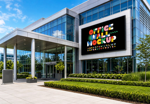 Office building exterior mockup with large wall billboard and colorful branding design