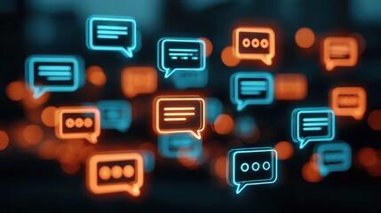 Naklejka premium Glowing blue and orange chat bubble icons floating in dark background symbolizing online communication digital messaging and virtual conversation in modern technology