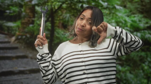 Middle age hispanic woman holding a wrench and giving thumbs down on forest steps wearing striped sweater and neutral expression; disapproval protest.