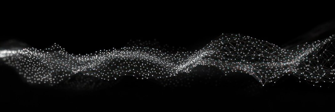 undulating field of glowing white dots and connecting lines forming a mesh wave on a black background, evoking a serene futuristic mood