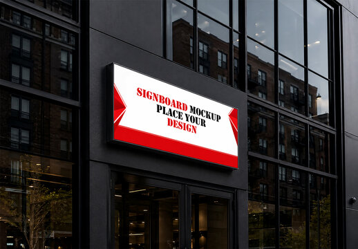 Outdoor signboard mockup on modern building facade with urban branding display