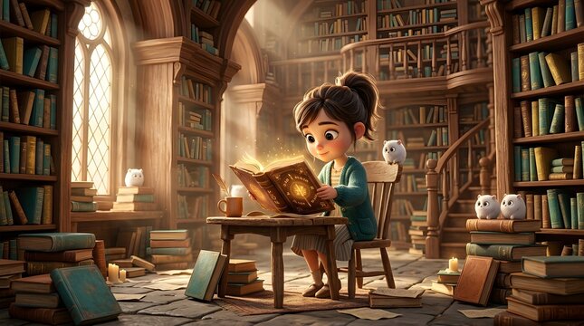 Little girl reading a magic glowing book in a sunlit wooden library