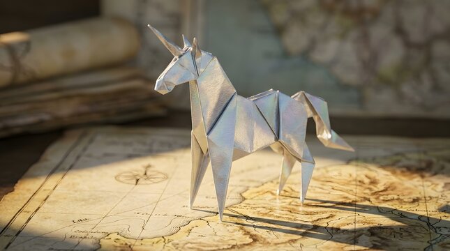 Metallic silver origami unicorn standing on an antique vintage paper map