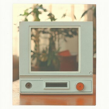 small mint green vintage desktop monitor with blank square screen, orange button, metal knob and rectangular slot on wooden table with blurred houseplants and warm nostalgic light