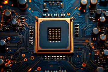 Fototapeta premium close-up of central microchip on blue printed circuit board with glowing orange traces, capacitors, solder points and a high-tech futuristic precision feel