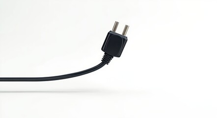 Obraz premium black two-prong electrical plug and cable suspended over a clean white background with soft shadow, conveying minimal simplicity and quiet solitude