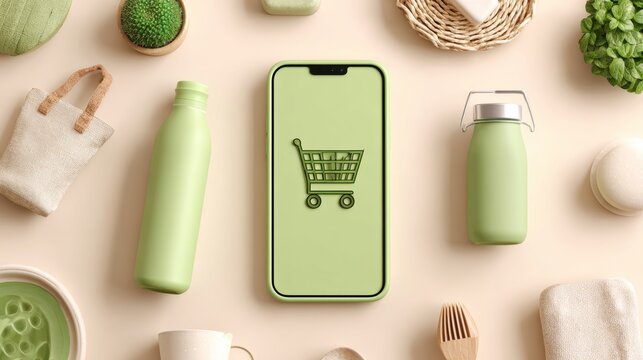 Smartphone with eco shopping cart icon and reusable items around, soft pastel