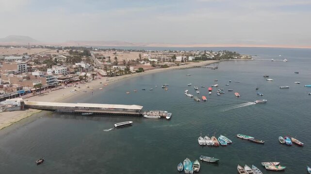 Aerial view of Paracas Bay with tourist boats and pier, Ica, Peru.