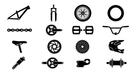 Dirt jump mountain bike parts icon set with bicycle component flat vector symbols © Jasim
