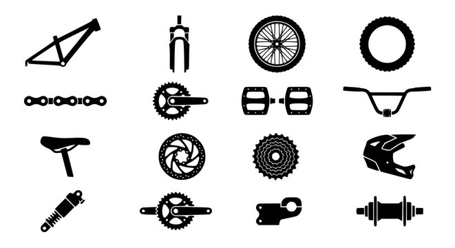 Dirt jump mountain bike parts icon set with bicycle component flat vector symbols