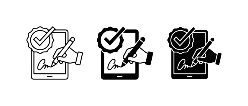 Digital Signature Icons, Electronic Signing, Tablet Agreement, Approved Verification, Vector Set