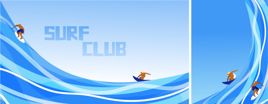 Collection of minimalist surf posters featuring abstract ocean waves, surfers and modern tropical summer aesthetics. Stylish beach lifestyle set for travel branding, surf club advertising, editorial 