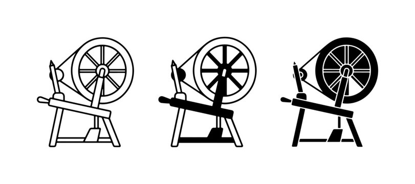 Vintage Spinning Wheel Vector Icons, Traditional Textile Craft Tools, Handmade Fiber Art