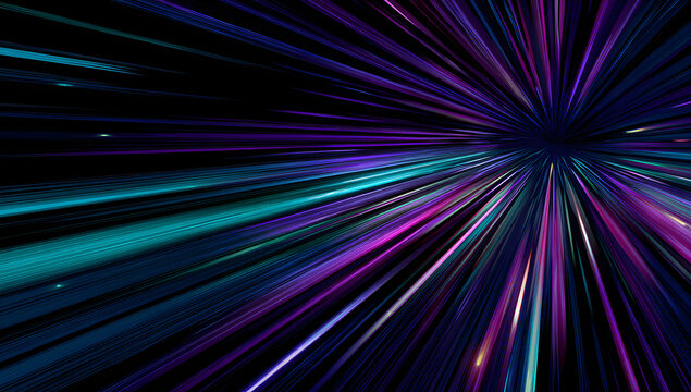 Abstract light tunnel effect, vibrant purple, cyan, and blue lines converging in dark space, futuristic background for high-tech themes or speed.