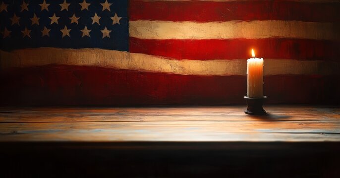 weathered american flag painted on textured wall with a single lit candle on a wooden table conveying a solemn reflective vigil and warm glowing light