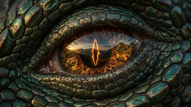 Close up of a dragon eye with a mountain landscape reflected in the pupil
