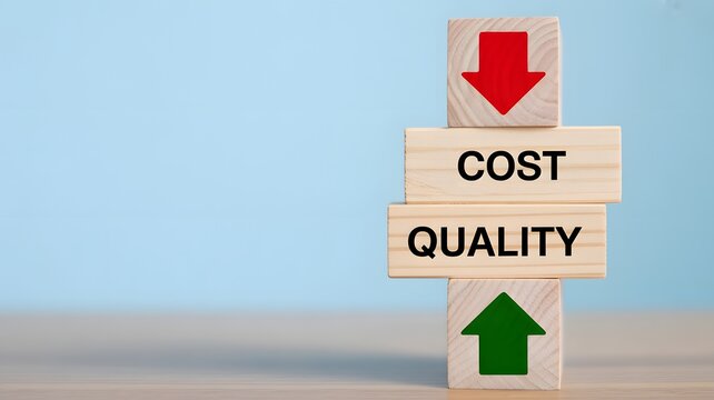 Wooden blocks stacked with cost decreasing and quality increasing on a table