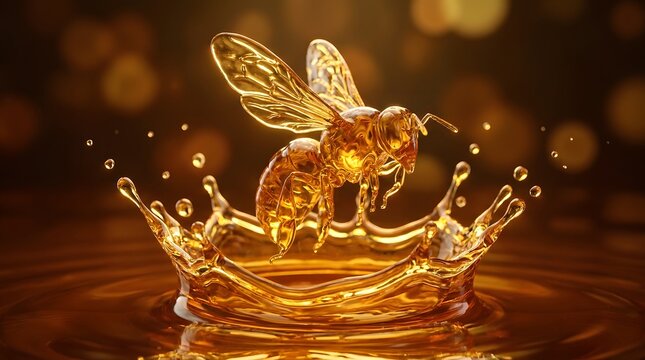 Liquid honey bee shaped by a splash in a golden syrup crown wave