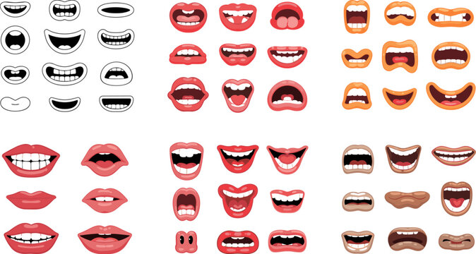 Cartoon Mouth and Lips Expression Collection with Smile Teeth Tongue and Various Skin Tone Animation Vector Set