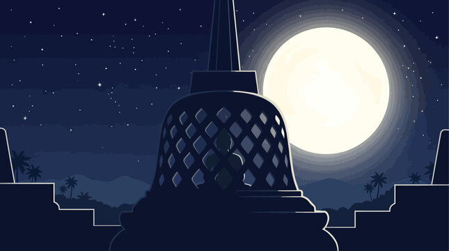 A serene night scene featuring a pagoda under a bright full moon with a starry night sky palm trees and silhouette of mountains in the background evoking a sense of peace and tranquility.