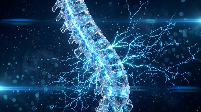 Glowing human spine with electrical nerve impulses representing back pain