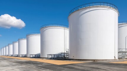 Fototapeta premium Large industrial white cylindrical storage tank for liquid or fuel with metal railing and access ladder under blue sky and white cloud outdoor facility