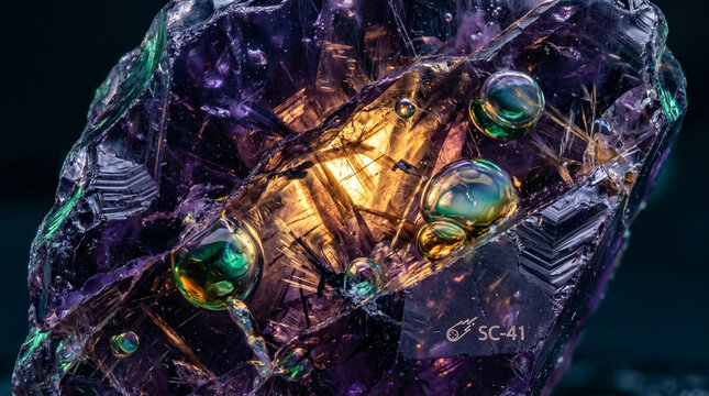 Amethyst crystal geode with glowing golden core, purple quartz mineral specimen, macro photography of SC-41 gemstone with iridescent bubbles