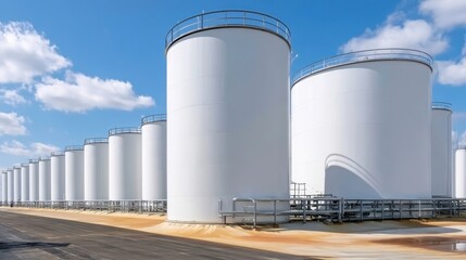 Obraz premium Large industrial storage tank farm with multiple white cylindrical containers under blue sky for liquid or gas storage in refinery or chemical plant facility