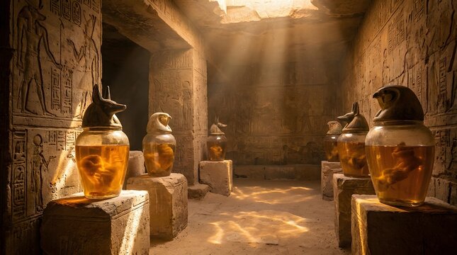 Ancient Egyptian temple interior with canopic jars and sun rays
