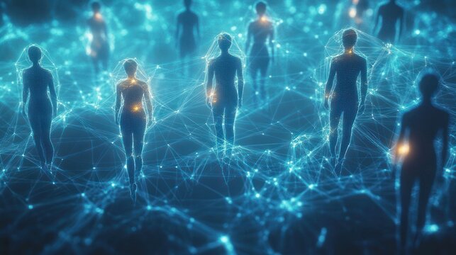 Silhouetted figures walking across a glowing blue neural network of interconnected nodes with warm chest lights, evoking unity and futuristic connection