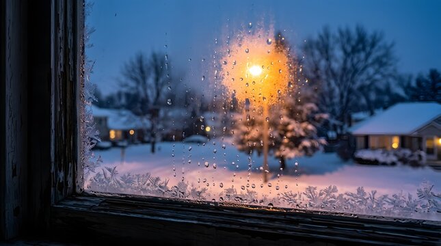Frosty window view overlooking a snowy suburban street at winter night