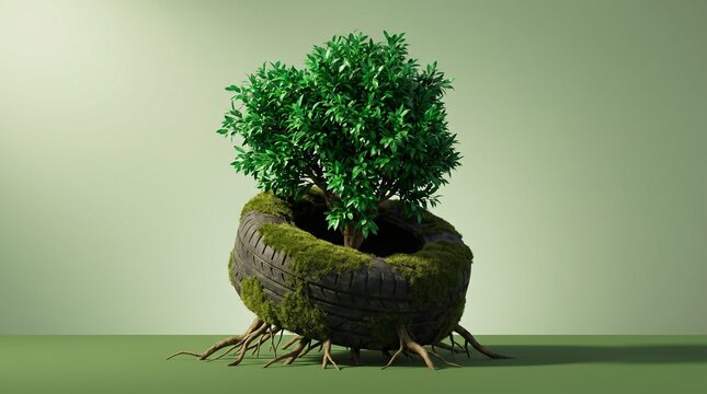 A vibrant tree with exposed roots grows out of an old tire covered in moss, symbolizing nature's resilience and reclaiming man-made objects