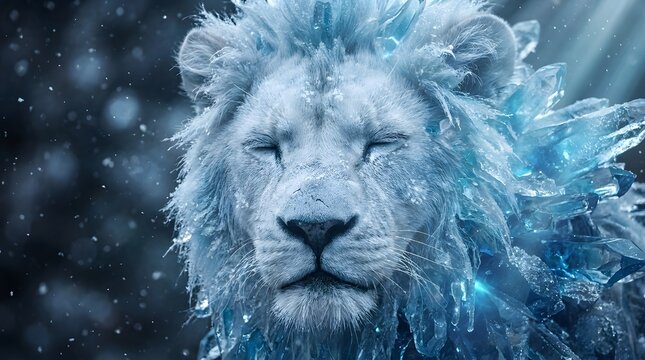 Majestic white lion covered in ice and crystals in a winter blizzard