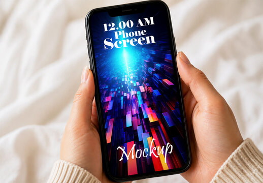 Smartphone screen mockup held in hands with colorful digital background