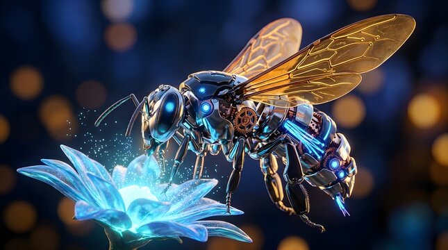 Robotic bee collecting energy from a glowing blue digital flower