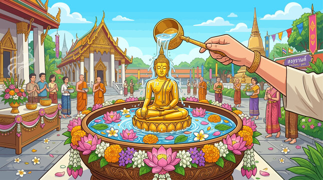 Buddha statue in a serene outdoor setting with a person performing a ritual surrounded by flowers and devotees in a peaceful atmosphere during a traditional Thai ceremony.