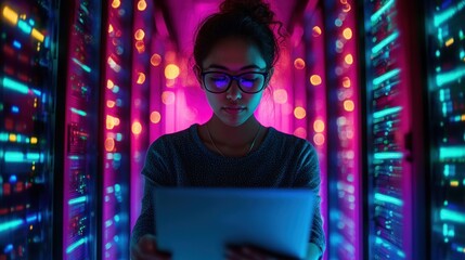 Obraz premium person with blurred face holding a tablet between neon lit server racks with glowing blue and magenta lights and bokeh, creating a focused, mysterious mood
