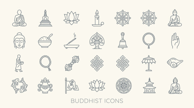 Buddhist icons and symbols for meditation spirituality and mindfulness practices representing Buddhism faith and culture.