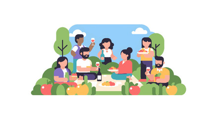 Obraz premium Diverse group of friends enjoying a summer picnic in a park, sharing food and drinks, celebrating togetherness and outdoor leisure.