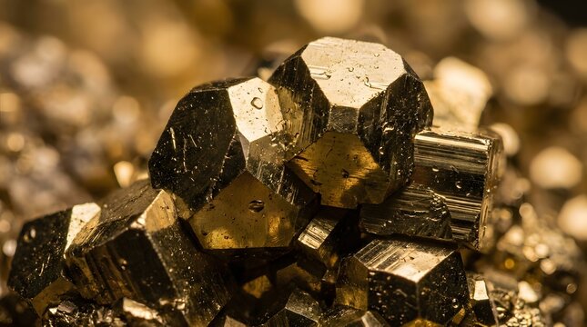 Close-up macro shot of cubic pyrite crystals with metallic gold luster