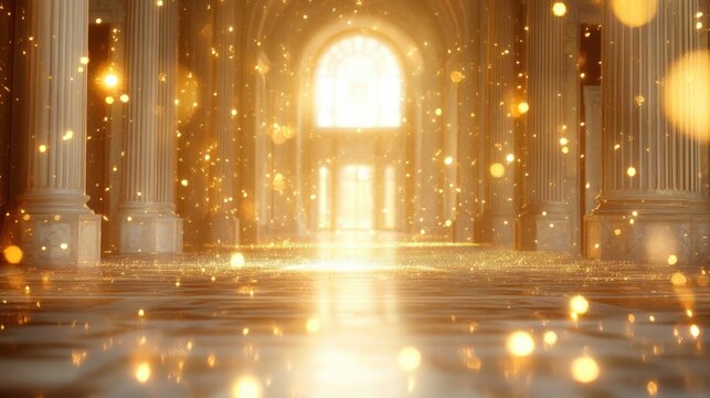 sunlit classical hall with towering marble columns, arched doorway, reflective polished floor and drifting golden particles creating a majestic, magical atmosphere