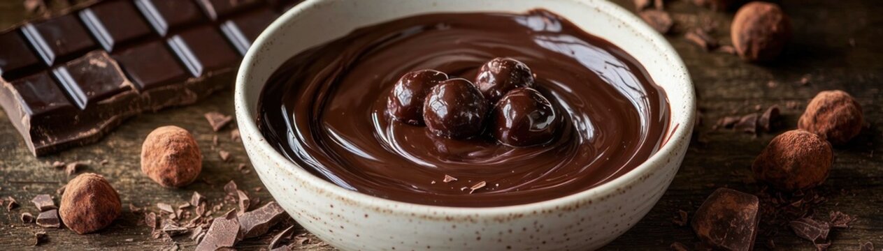 bowl of glossy melted dark chocolate with whole cherries, surrounded by cocoa-dusted truffles, chocolate bar pieces and shavings on a rustic wooden surface, rich and decadent indulgence