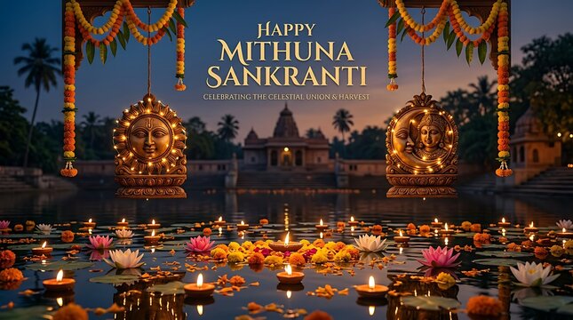 Mithuna Sankranti Celebration with Floating Diyas and Hindu Temple