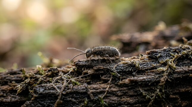 Extreme Macro of Springtail Crawling on Mossy Decaying Log